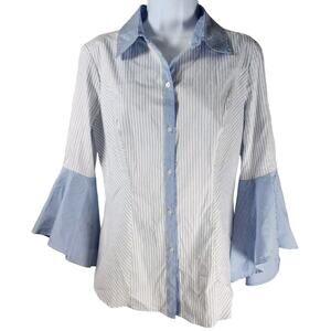 White House Black Market Womens Button Front Shirt Sz 8 Blue Stripe Bell Sleeve
